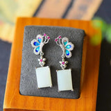 Hetian Jade Butterfly Enamel Earrings Chinese Retro Silver Jewelry