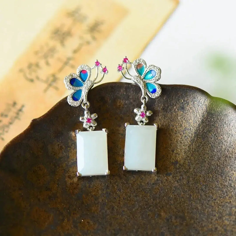 Hetian Jade Butterfly Enamel Earrings Chinese Retro Silver Jewelry