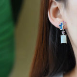 Hetian Jade Butterfly Enamel Earrings Chinese Retro Silver Jewelry