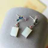 Hetian Jade Butterfly Enamel Earrings Chinese Retro Silver Jewelry