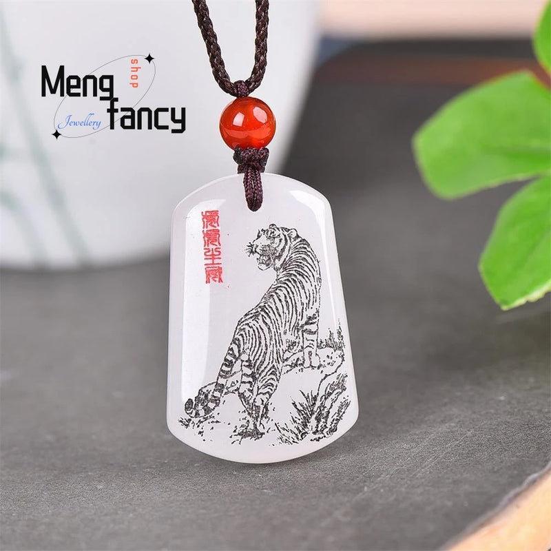Natural Hetian Jade Tiger Pendant Charms Jewelry Women Men Engraver Amulet
