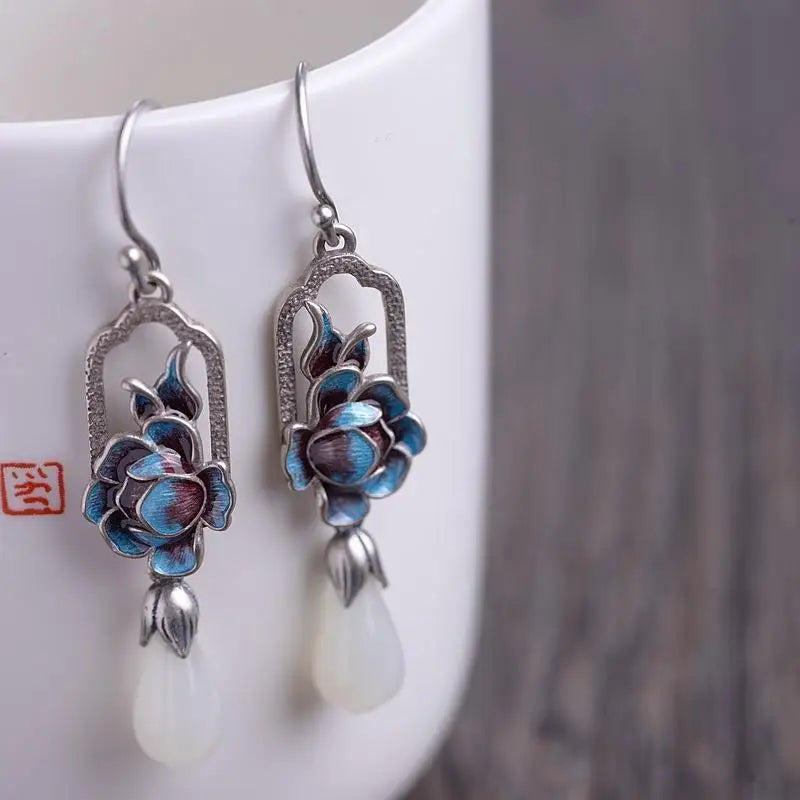 Hetian Magnolia Enamel Porcelain Earrings Bohemian Charm Silver Jewelry