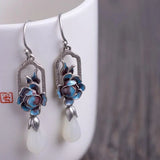 Hetian Magnolia Enamel Porcelain Earrings Bohemian Charm Silver Jewelry