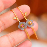 Hetian Ash Jade Flower Earrings Chinese Retro Tassel Daimeng Fairy Jewelry