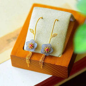 Hetian Ash Jade Flower Earrings Chinese Retro Tassel Daimeng Fairy Jewelry