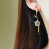 Hetian Ash Jade Flower Earrings Chinese Retro Tassel Daimeng Fairy Jewelry