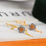 Hetian Ash Jade Flower Earrings Chinese Retro Tassel Daimeng Fairy Jewelry