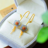 Hetian Ash Jade Flower Earrings Chinese Retro Tassel Daimeng Fairy Jewelry