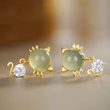 Vintage Hetian Jade Cat Earrings - Chinese Retro Silver Jewelry