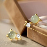 Vintage Hetian Jade Cat Earrings - Chinese Retro Silver Jewelry