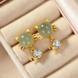 Vintage Hetian Jade Cat Earrings - Chinese Retro Silver Jewelry