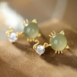 Vintage Hetian Jade Cat Earrings - Chinese Retro Silver Jewelry