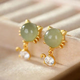 Vintage Hetian Jade Cat Earrings - Chinese Retro Silver Jewelry
