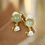 Vintage Hetian Jade Cat Earrings - Chinese Retro Silver Jewelry