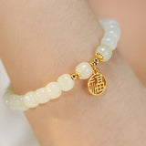 Women's Hetian Jade Beaded Bracelet with Golden Fu Pendant