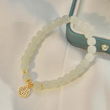 Women's Hetian Jade Beaded Bracelet with Golden Fu Pendant