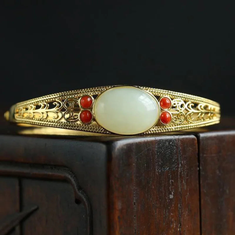 Hetian Jade Bracelet with Rubellite Tourmaline Inlay Charm Jewelry