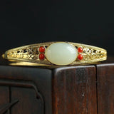 Hetian Jade Bracelet with Rubellite Tourmaline Inlay Charm Jewelry