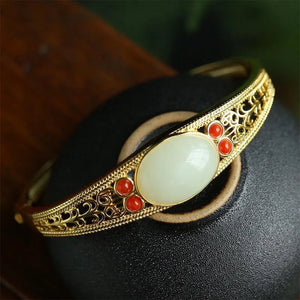 Hetian Jade Bracelet with Rubellite Tourmaline Inlay Charm Jewelry