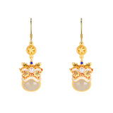 Natural Hetian Jade Enamel Lion Dancing Earrings with Ancient Craftsmanship