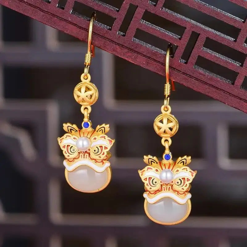 Natural Hetian Jade Enamel Lion Dancing Earrings with Ancient Craftsmanship