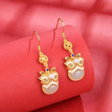 Natural Hetian Jade Enamel Lion Dancing Earrings with Ancient Craftsmanship