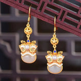 Natural Hetian Jade Enamel Lion Dancing Earrings with Ancient Craftsmanship