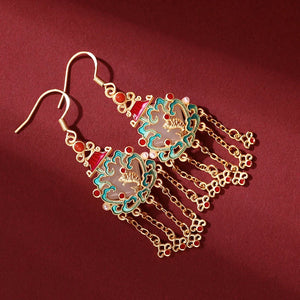 Hetian Jade Enamel Porcelain Tassel Earrings Fish Shape Women's Hanfu Jewelry