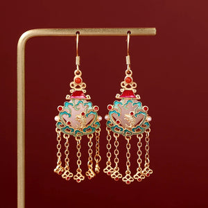 Hetian Jade Enamel Porcelain Tassel Earrings Fish Shape Women's Hanfu Jewelry