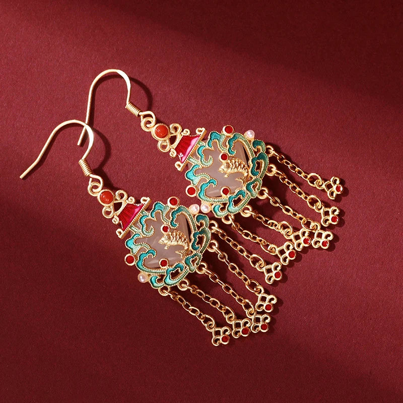 Hetian Jade Enamel Porcelain Tassel Earrings Fish Shape Women's Hanfu Jewelry