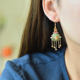 Hetian Jade Enamel Porcelain Tassel Earrings Fish Shape Women's Hanfu Jewelry
