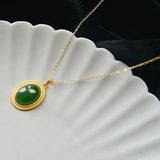 Natural Hetian Jade Oval Pendant Necklace Chinese Craft Charm Silver Jewelry
