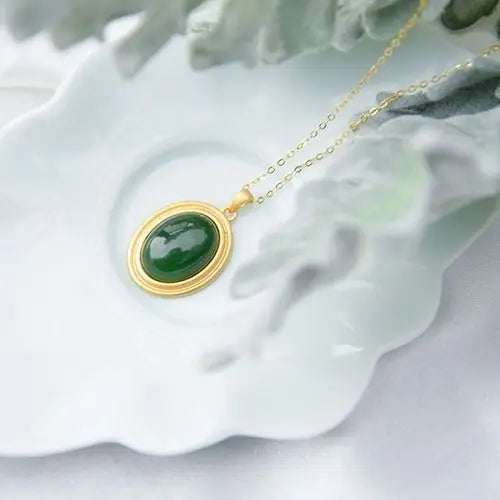 Hetian Jade Green Oval Pendant Necklace Chinese Craft Charm Women's Jewel