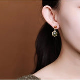 Hetian Jade Hexagonal Earrings Retro Palace Silver Jewelry