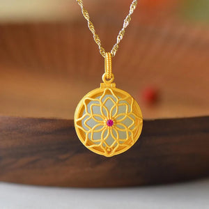 Hetian Jade Flower Necklace with Openable Gawu Box Pendant