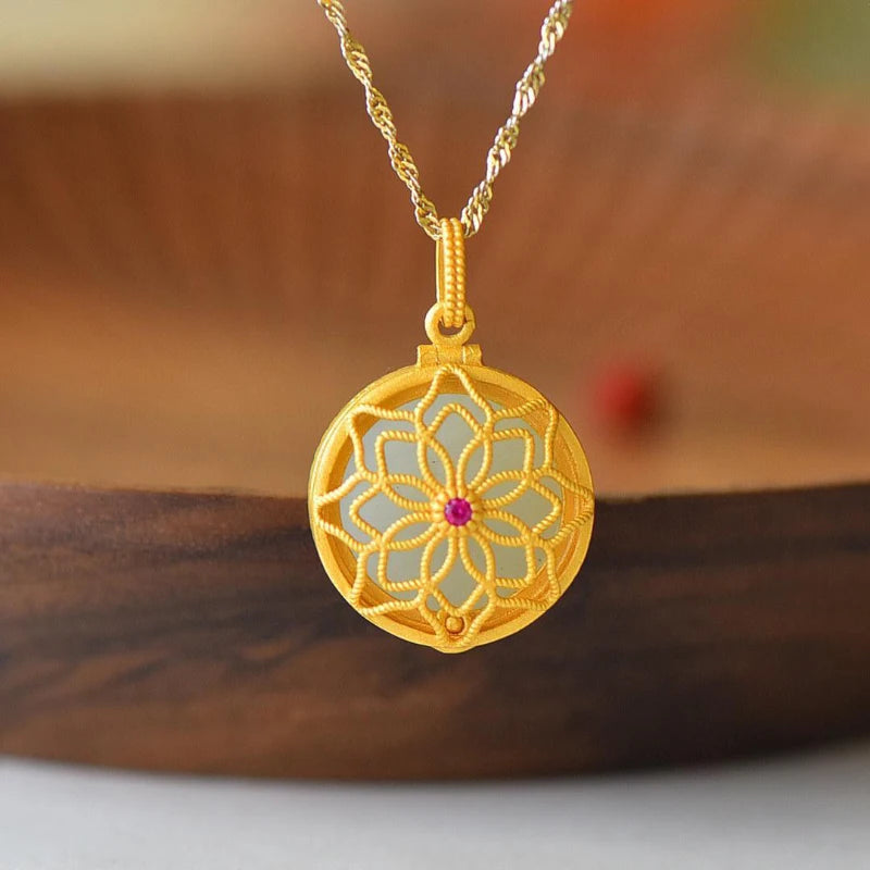 Hetian Jade Flower Necklace Chinese Gawu Box Pendant Wedding Jewelry