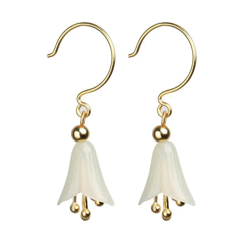 Hetian Jade Lily Orchid Earrings Bells Retro Craftsmanship Silver Jewelry