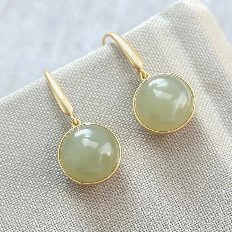 Hetian Jade Round Bead Earrings - Chinese Retro Silver Jewelry