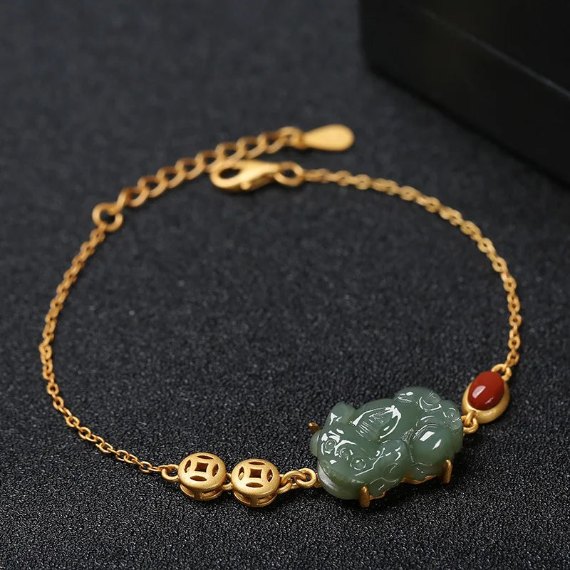 Natural Hetian Jade Pixiu Bracelet for Women Chinese Silver Jewelry