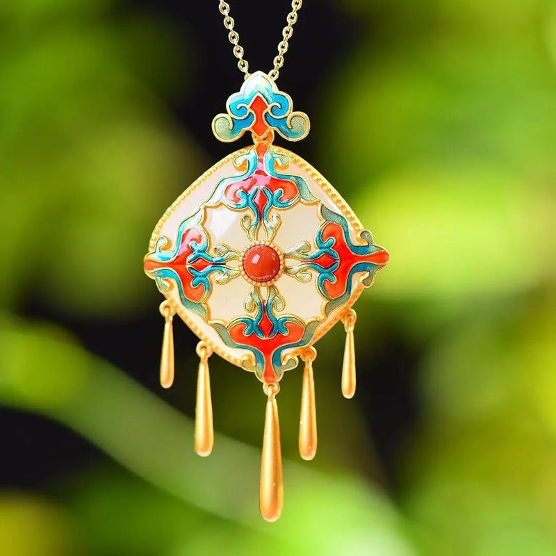 Natural Hetian Jade Square Enamel Cloud Tassel Pendant Necklace