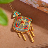 Natural Hetian Jade Square Enamel Cloud Tassel Pendant Necklace