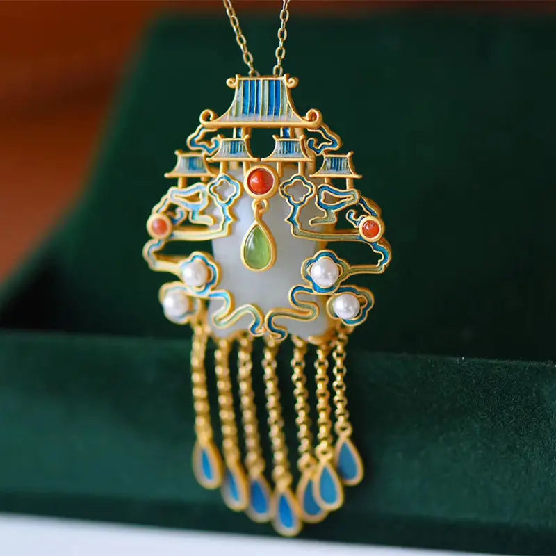 Hetian Jade Tassel Retro Palace Craft Charm Silver Jewelry