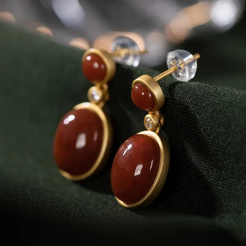 Natural Hetian Red Tourmaline Earrings Chinese Retro Palace Plating