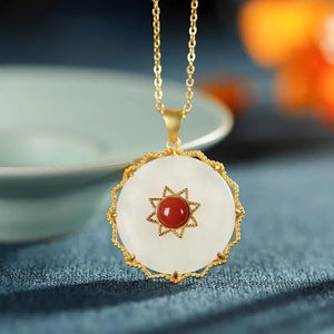 Natural Hetian Jade South Red Round Pendant Necklace Chinese Retro Women's Jewel