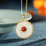 Natural Hetian Jade South Red Round Pendant Necklace Chinese Retro Women's Jewel