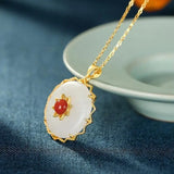 Natural Hetian Jade South Red Round Pendant Necklace Chinese Retro Women's Jewel