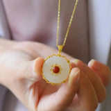 Natural Hetian Jade South Red Round Pendant Necklace Chinese Retro Women's Jewel