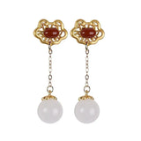 Natural Hetian Jade South Red Long Earrings Chinese Retro Palace Women's Jewelry