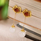 Natural Hetian Jade South Red Long Earrings Chinese Retro Palace Women's Jewelry