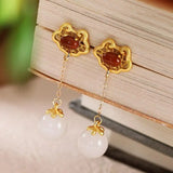 Natural Hetian Jade South Red Long Earrings Chinese Retro Palace Women's Jewelry